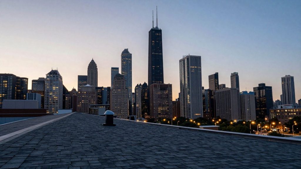Chicago skyline with a newly shingled roof.