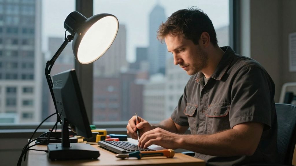 Electrician working in Chicago with city skyline.