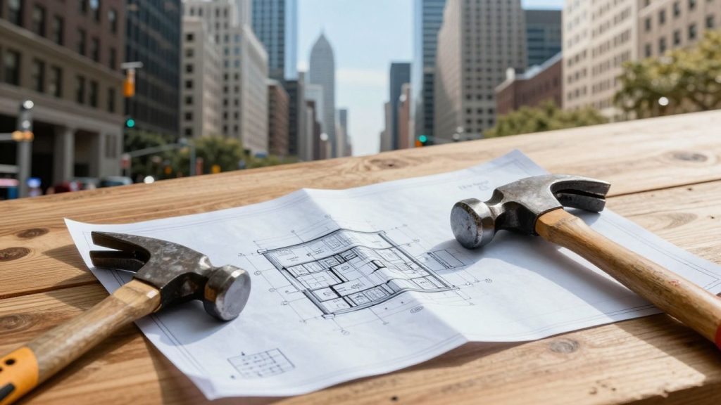 Chicago skyline with contractor tools