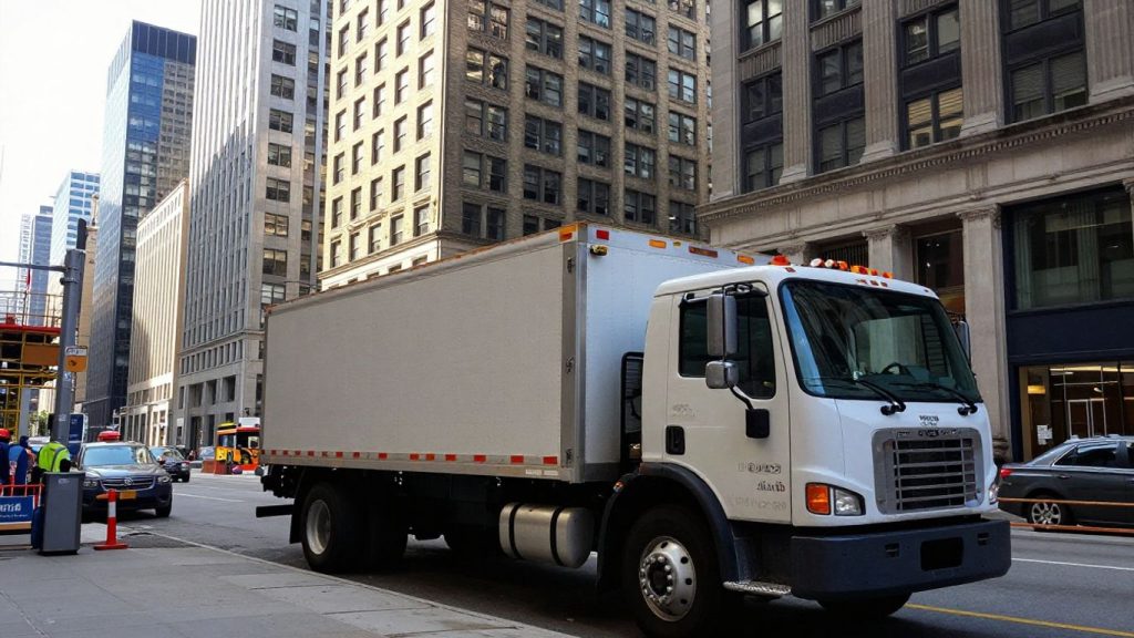Chicago skyline with contractor truck and construction site.