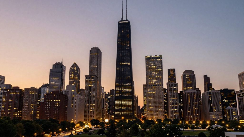 Chicago skyline at dusk with digital glow.