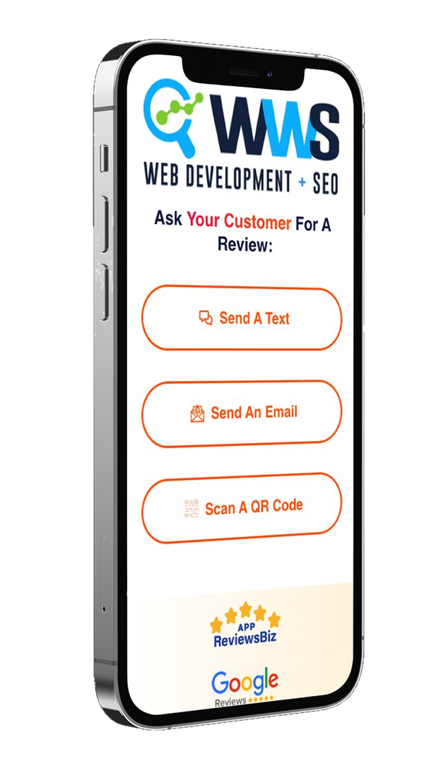 ReviewsBiz app on iPhone showing Send A Text, Send An Email, and Scan A QR Code review request options
