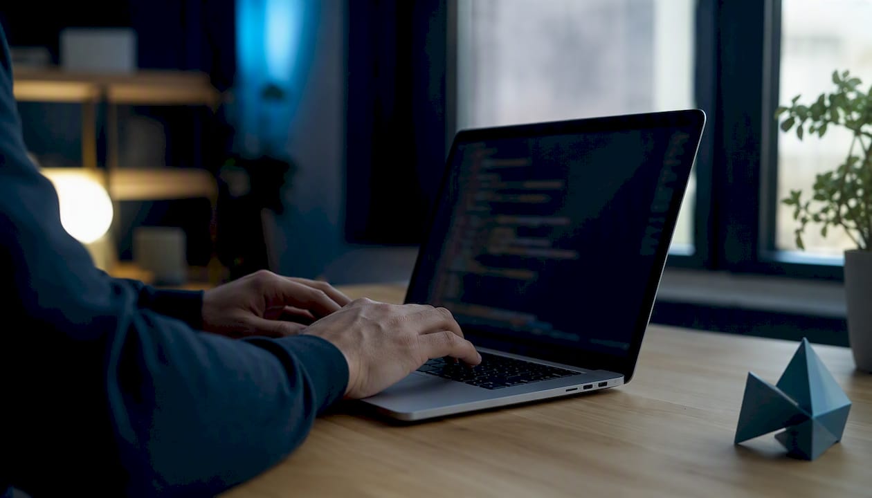 Hands typing semantic HTML code on keyboard