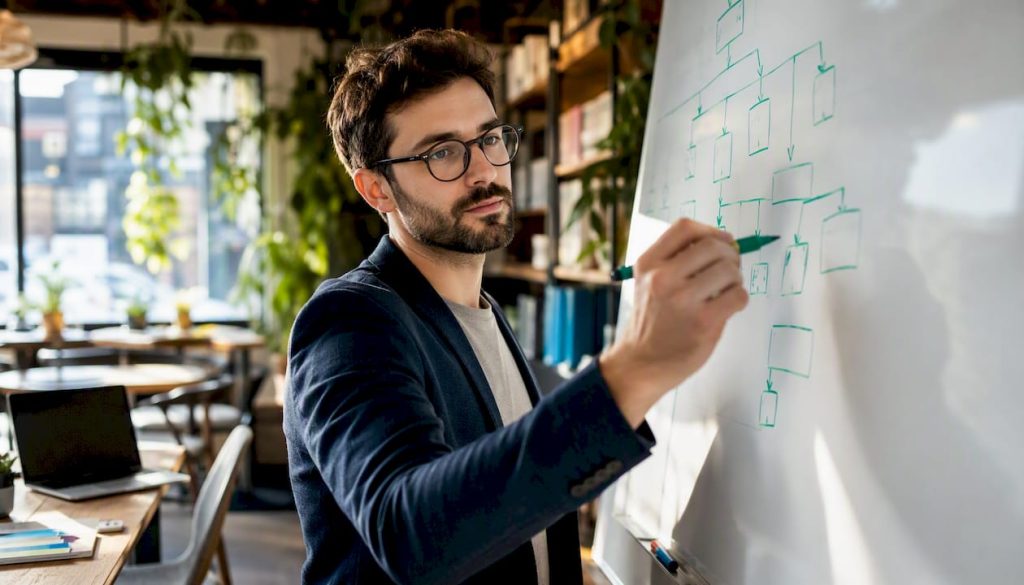 Designer sketching site architecture on whiteboard