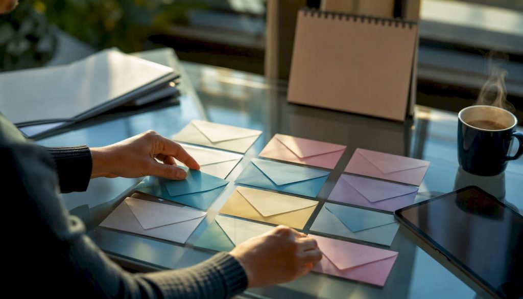 Hands arranging email sequence outlines on desk