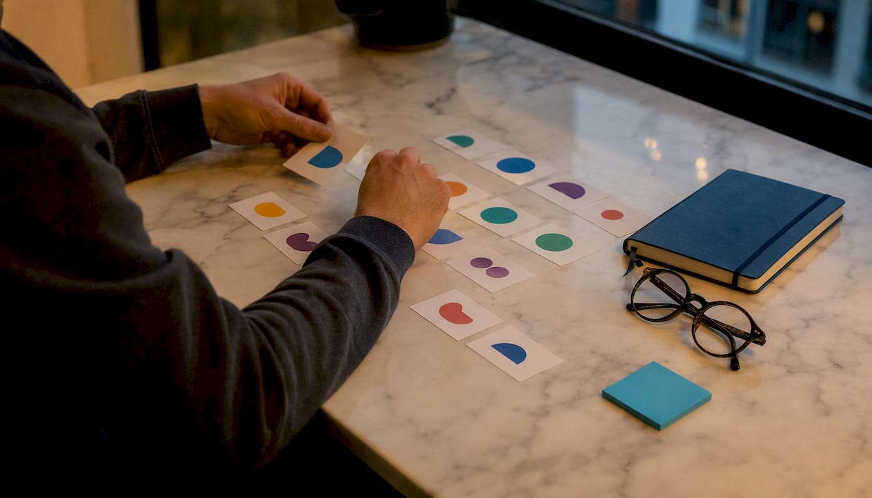 Hands sorting customer ranking cards on table