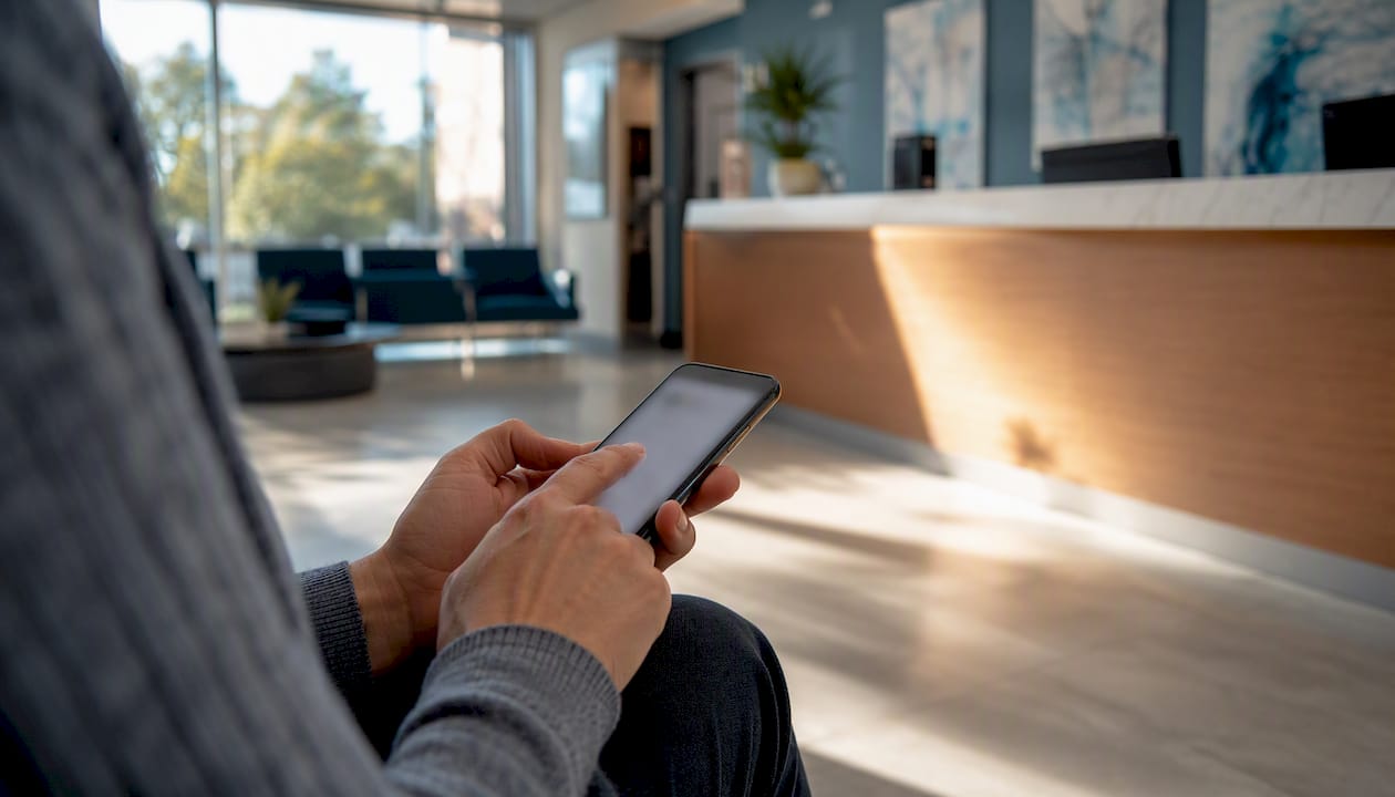 Hand booking dental appointment on smartphone