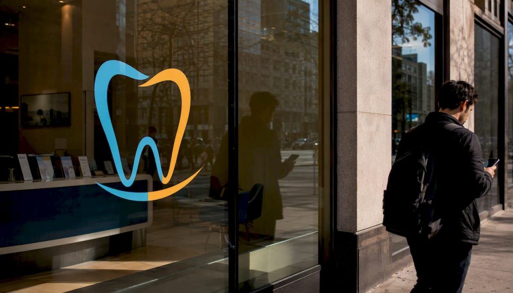 Dental office entrance with smartphone showing search