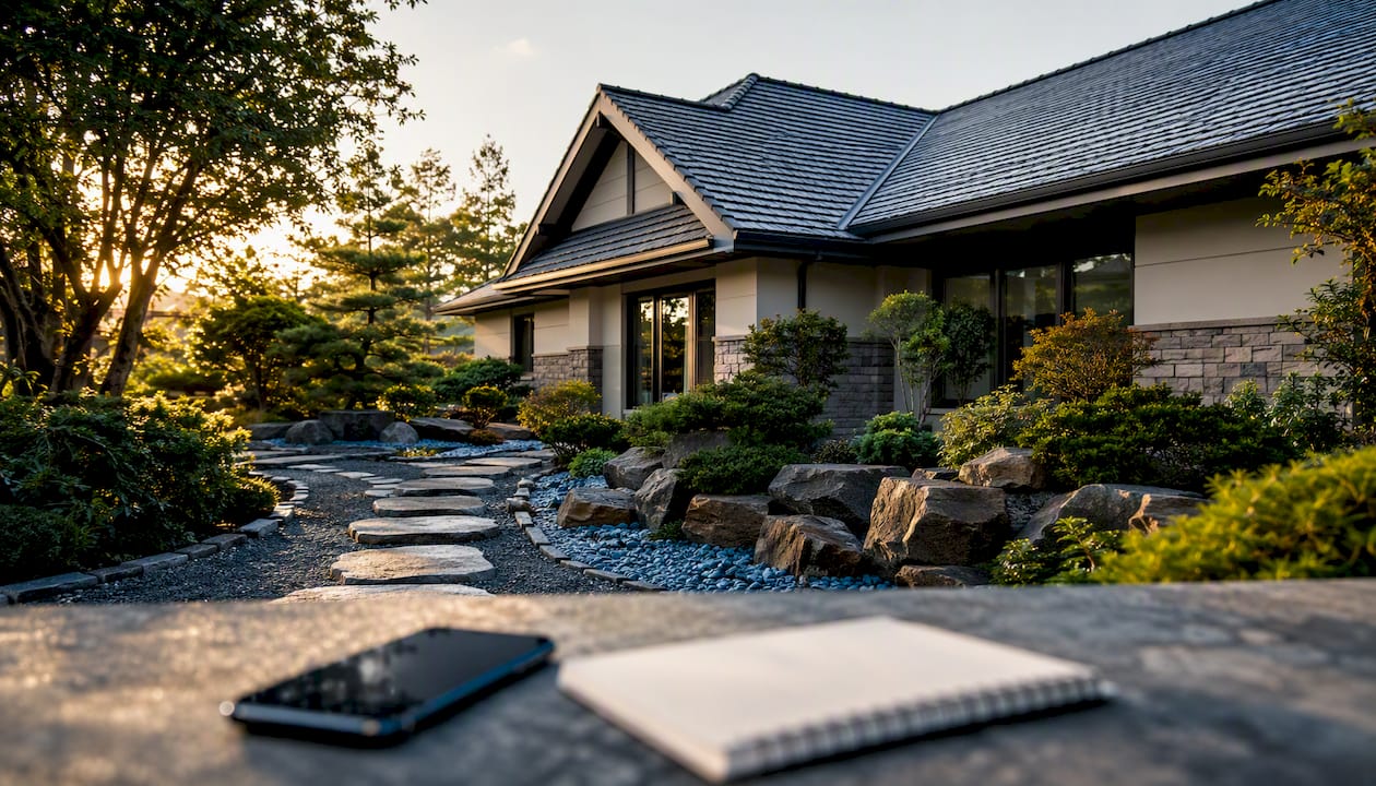 Residential roofing detail with phone and clipboard for service pages