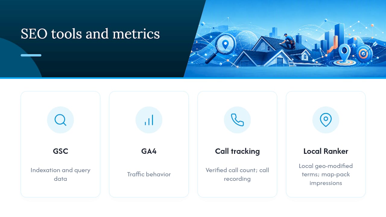 Diagram connecting SEO tools with roofing SEO performance metrics