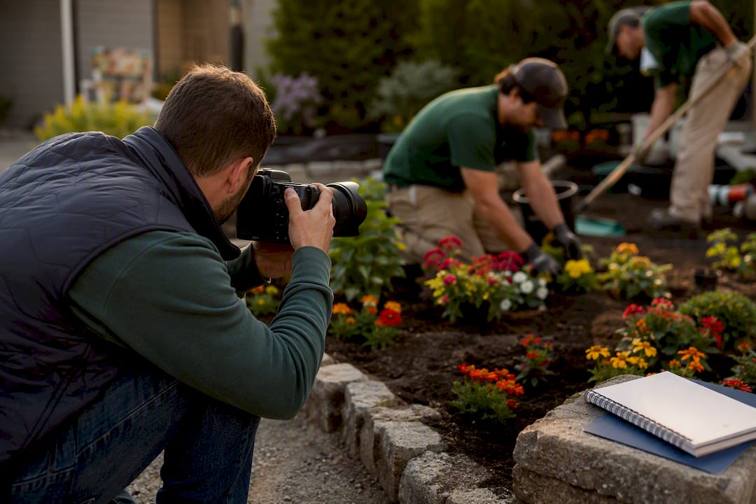 Photographer capturing landscaping job details