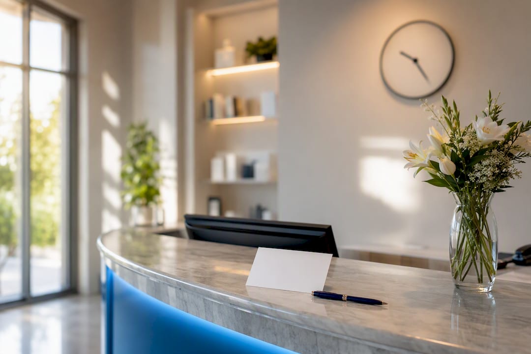 Appointment cards and pen on medical spa counter