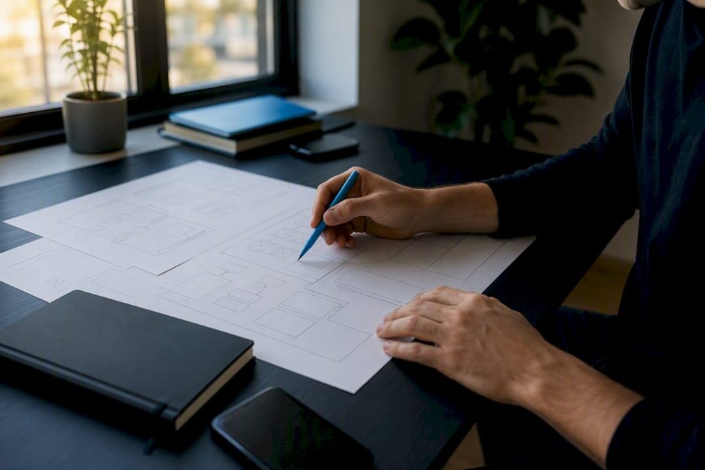 Hands arranging SEO planning materials on desk