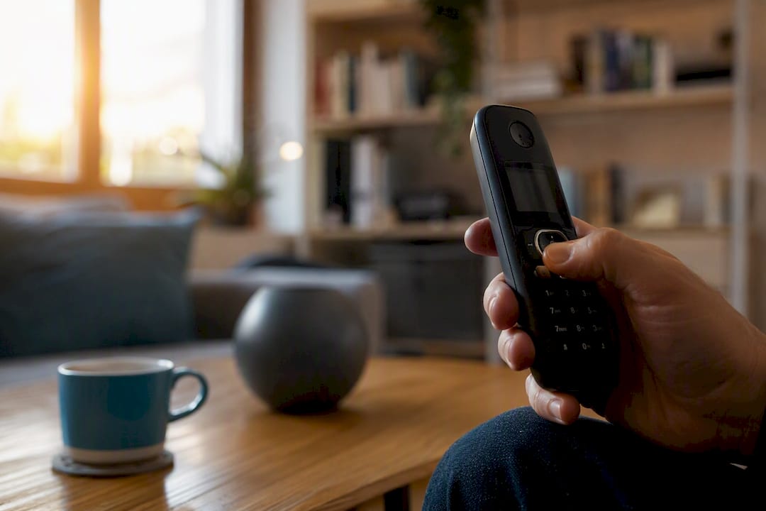 Hand holding phone receiver near office desk