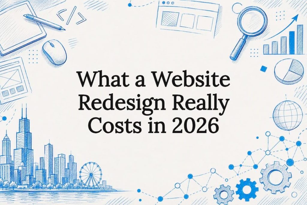 Decorative title card illustration for website redesign article