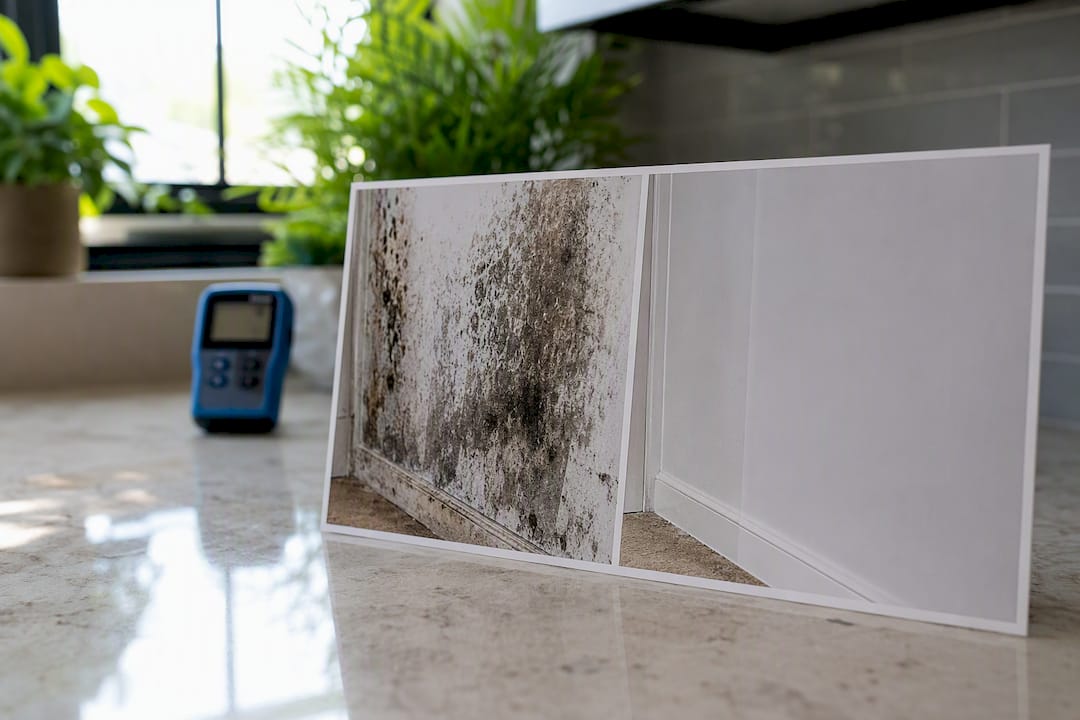 Before and after mold remediation photos on table
