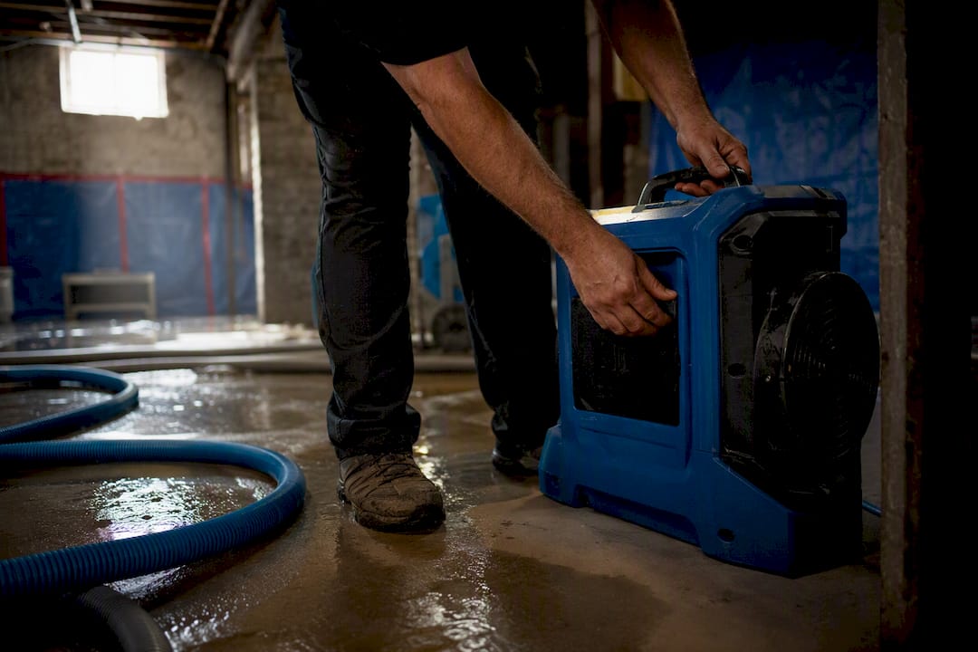 Crew member setting up air scrubber equipment indoors