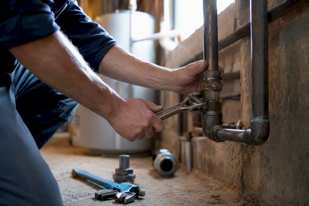 Plumber tightening pipe fitting in basement
