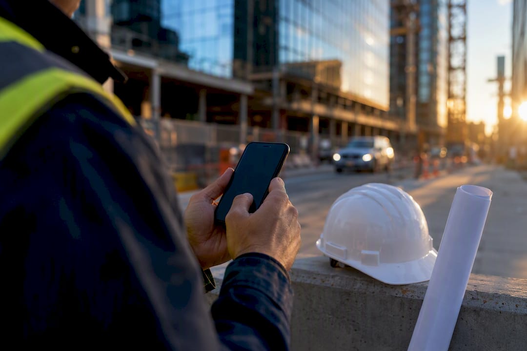 Contractor adjusting business profile on phone
