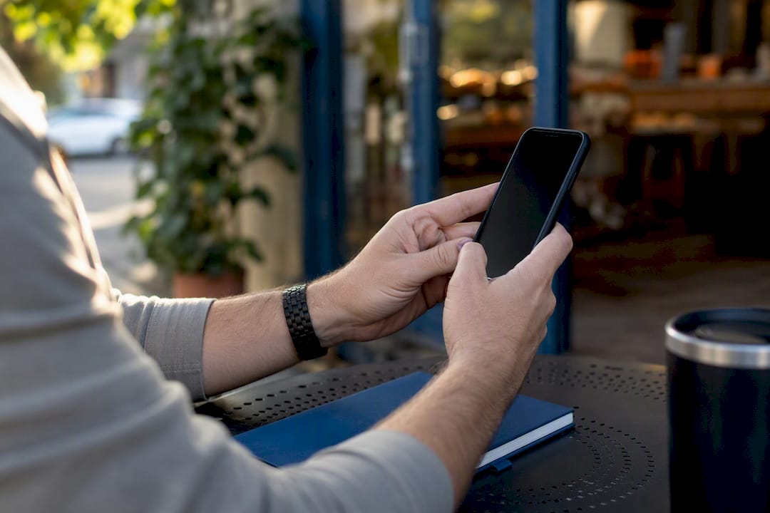 Hands holding smartphone inspecting business profile