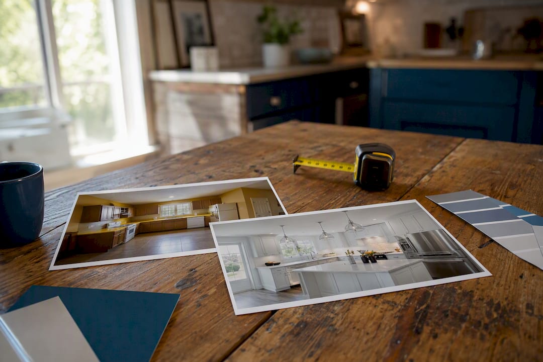 Before and after kitchen remodel photos flat lay