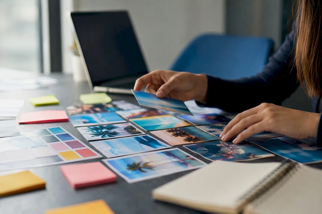 Hands arranging colorful marketing materials
