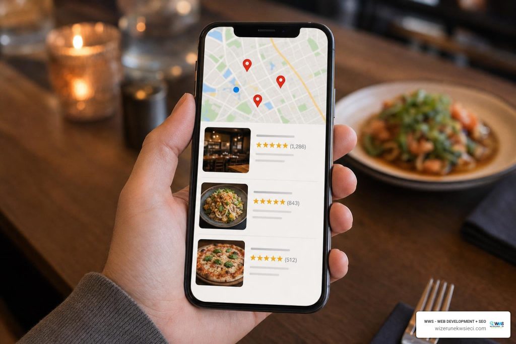 Smartphone displaying a Google Maps local pack restaurant listing with high review ratings