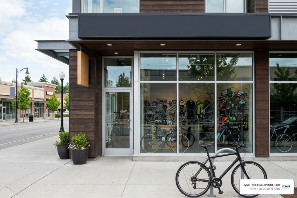 local bike shop website storefront with digital overlay