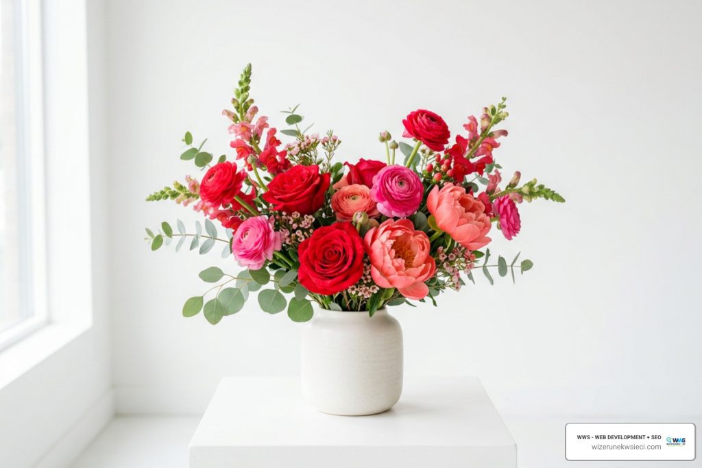 High-contrast floral photography and clean product gallery