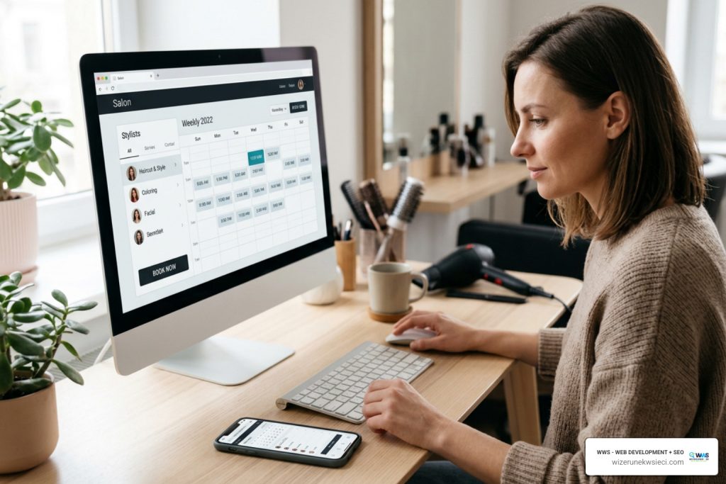 Online salon scheduling and booking interface on desktop and smartphone