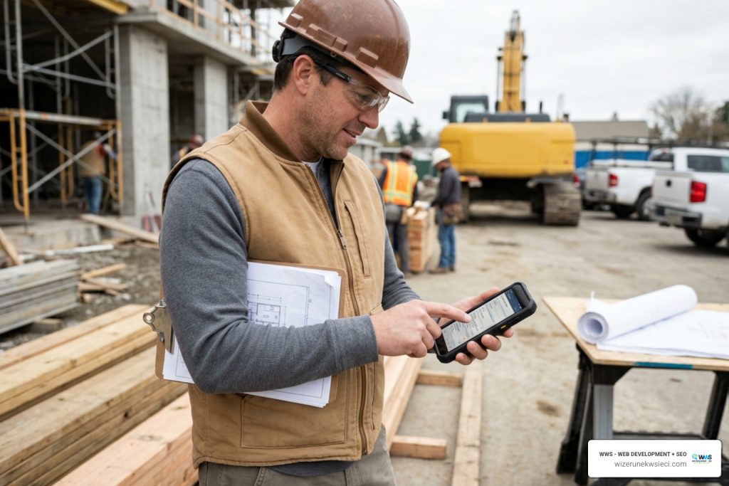 construction contractor reviewing client project requests on a mobile device
