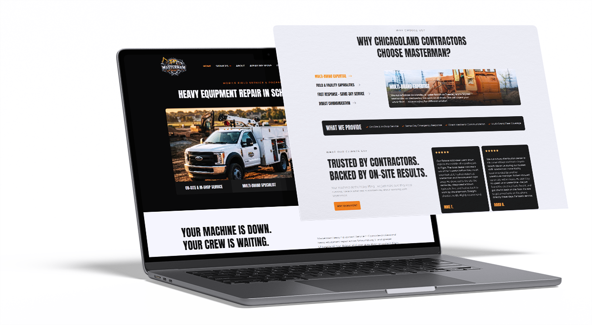 Masterman Heavy Equipment Service website displayed on a laptop