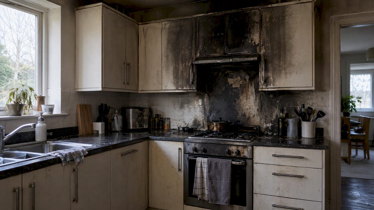 Soot-stained kitchen after a house fire