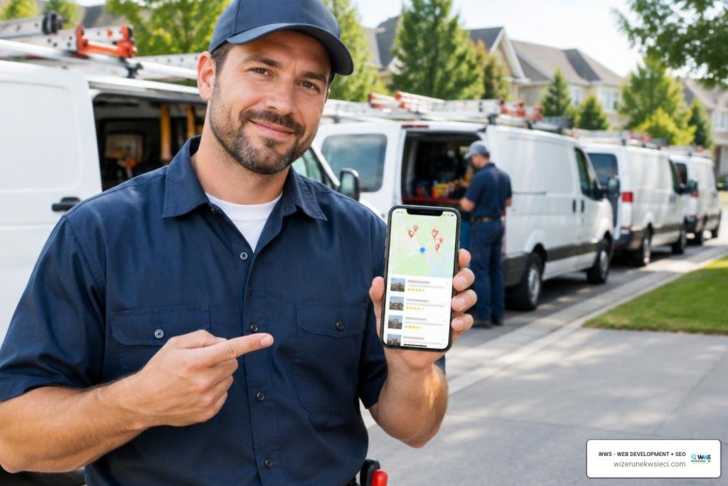 plumbing contractor fleet and smartphone showing local search results